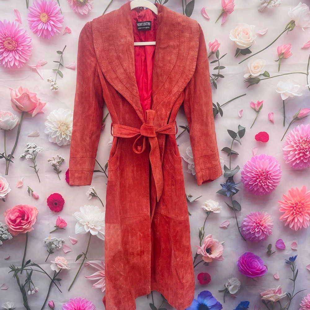 Vintage 1960’s 1970’s Burnt Rust Suede Leather Belted Trench Coat Jacket